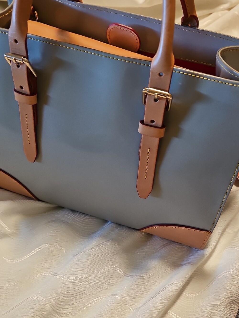 Dooney & Bourke Gray Leather Tote with Tan Trim - Picture 4 of 10